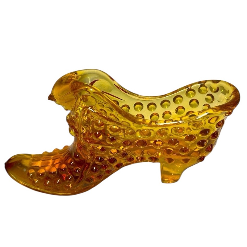 Vintage Fenton Glass Hobnail Slipper, Amber Yellow Glass Shoe with Cat Head